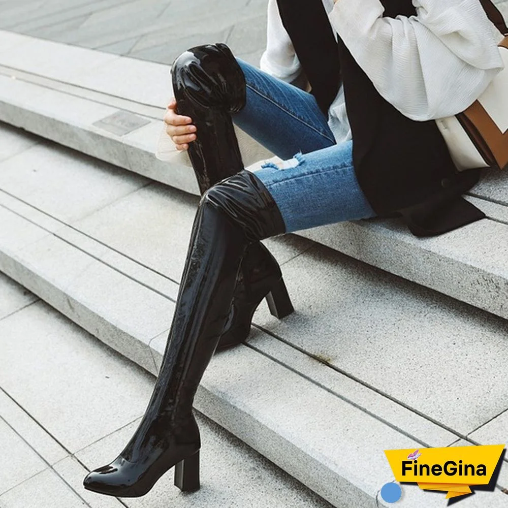 Women Patent Leather Thigh Boot Over Knee High Boots Pointed Toe Shoes Fashion Winter Spring Autumn Shoe