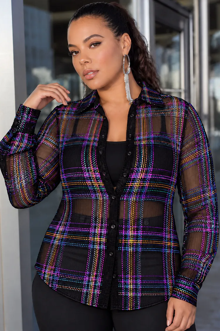 Xpluswear Design Plus Size Business Casual Purple Plaid Shirt Collar Long Sleeve See Through Blouses [Pre-Order] 2024 - Xpluswear