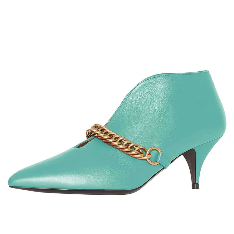 Turquoise Chains Cone Heel Kitten Heel Fashion Ankle Boots |FSJ Shoes