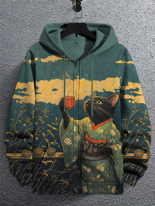 Men's Cat Raise A Glass To The Moon Print Hooded Zip Up Jacket