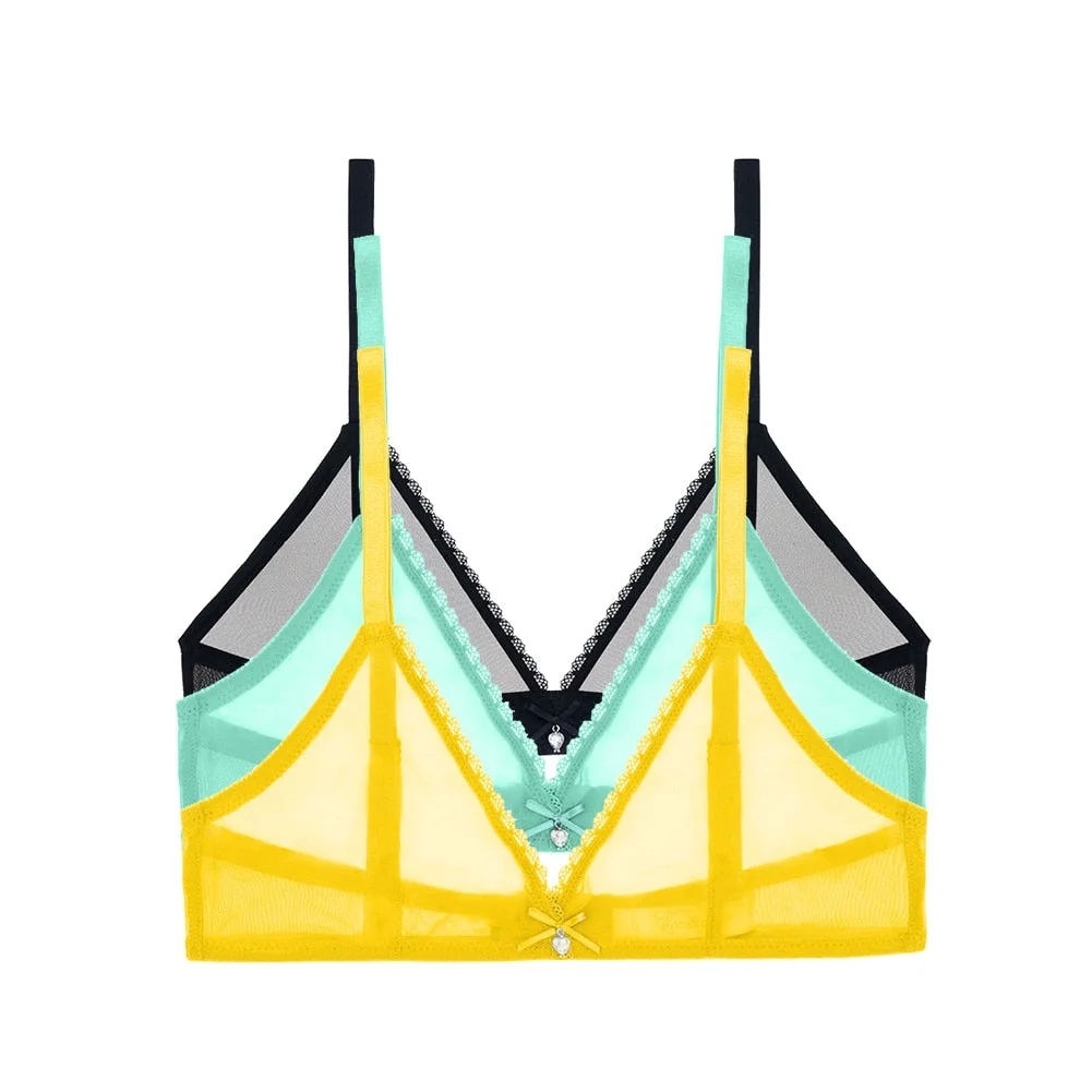 Varsbaby Sexy French Ultra-Thin Mesh Lingerie Lemon Yellow Mint Green Underwear Summer Breathable Bra Combination 3 PCS /Lot