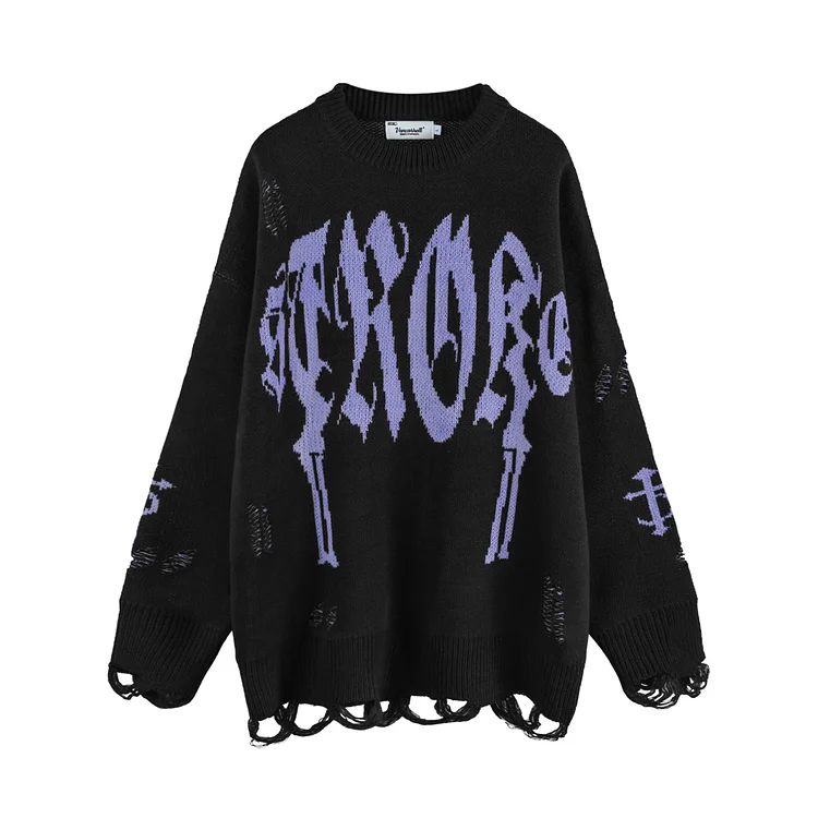 High Street Dark Style Gothic Letter Jacquard Hole Sweater Hip Hop Black Sweater at Hiphopee