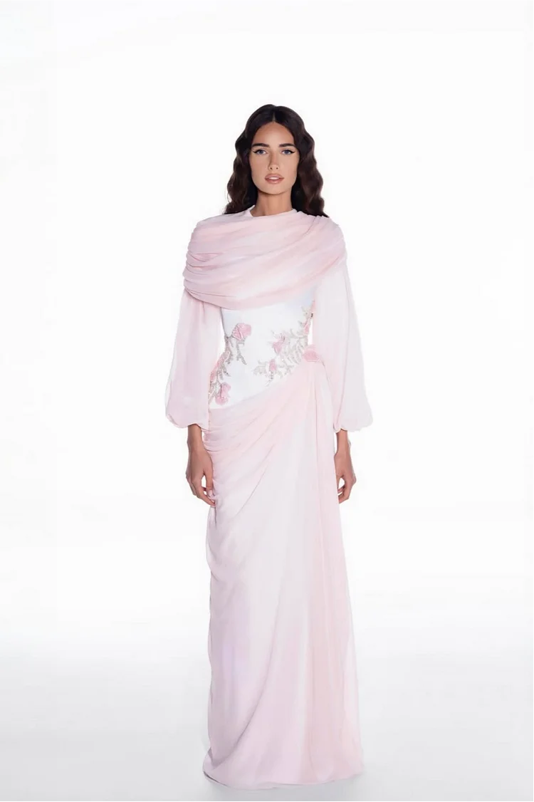 Lussooy Elegant Candy Pink Chiffon Long Sleeves Prom Dress with Embroidery 