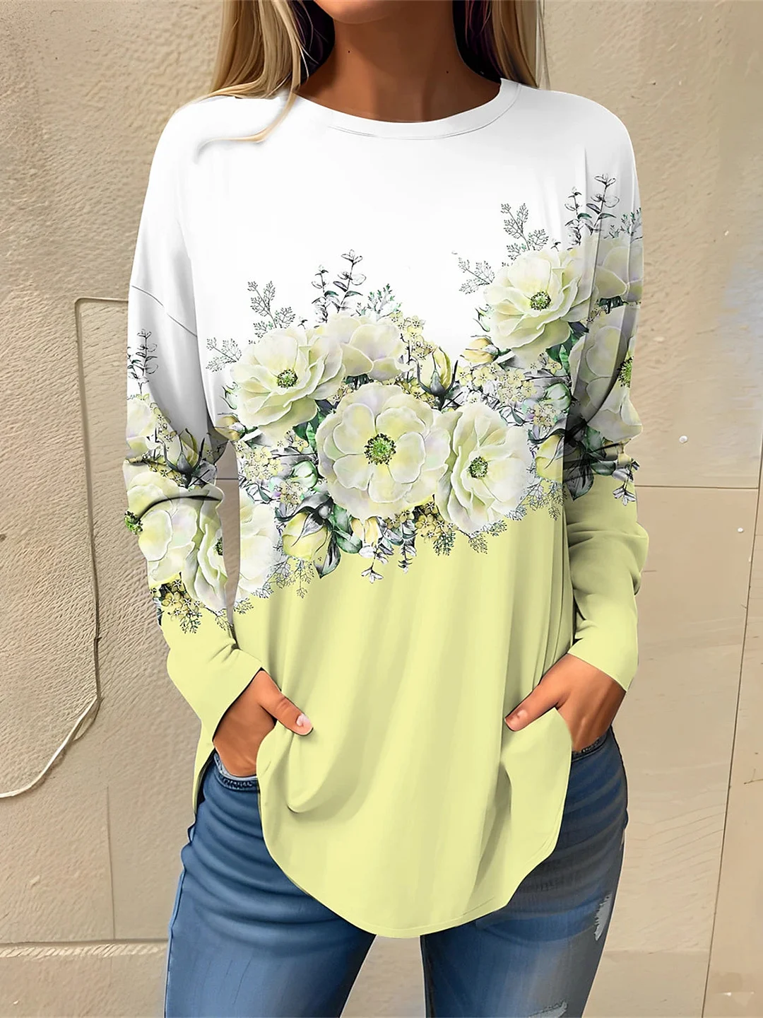 Women plus size clothing Women's Long Sleeve Scoop Neck Graphic Floral Printed Top-Nordswear