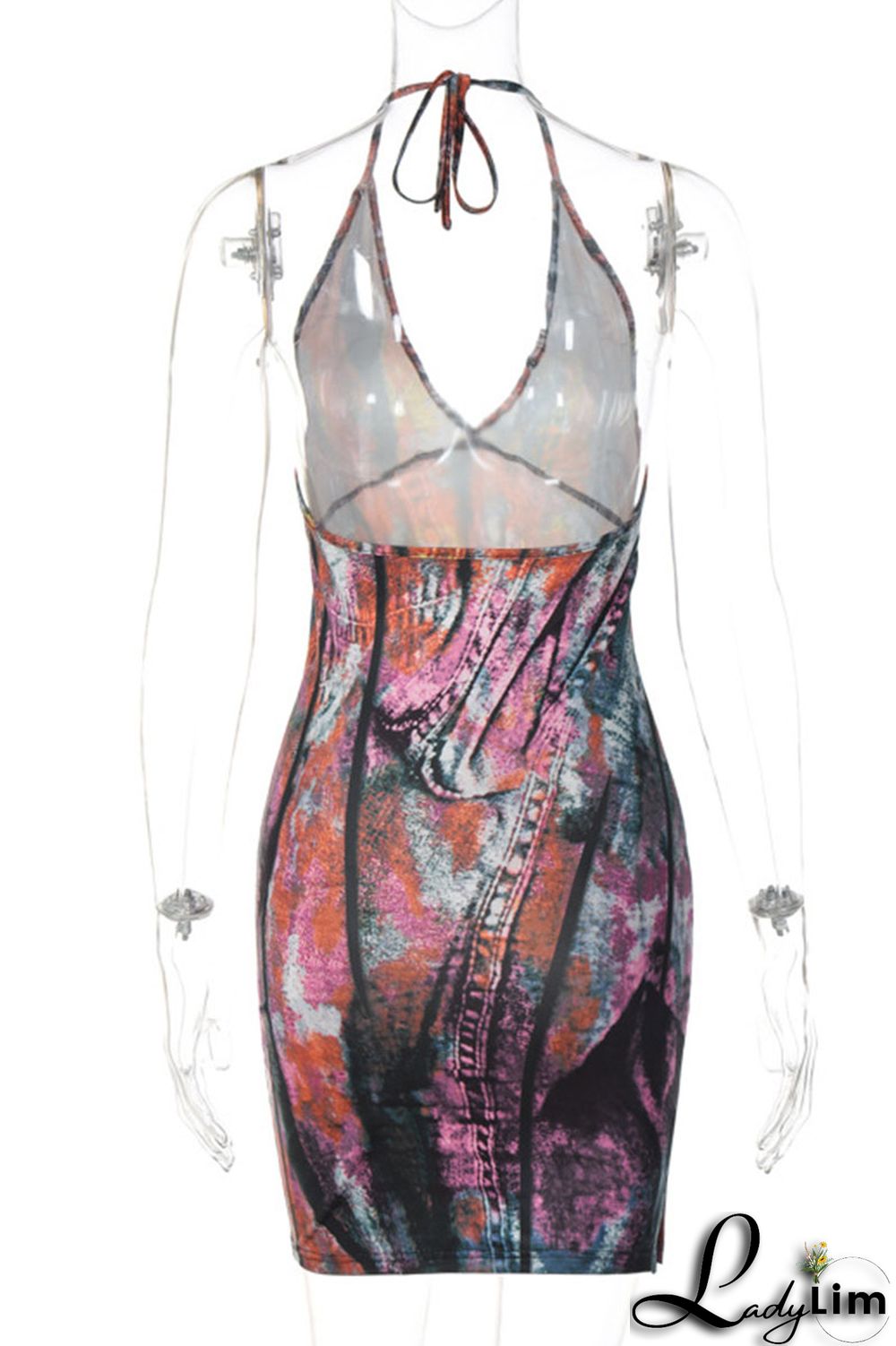 Blue Sexy Print Patchwork Halter Pencil Skirt Dresses