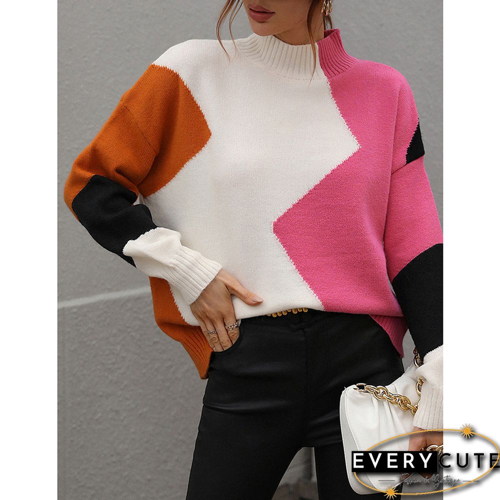 Rosy Color Block Crew Neck Knit Pullover Sweater