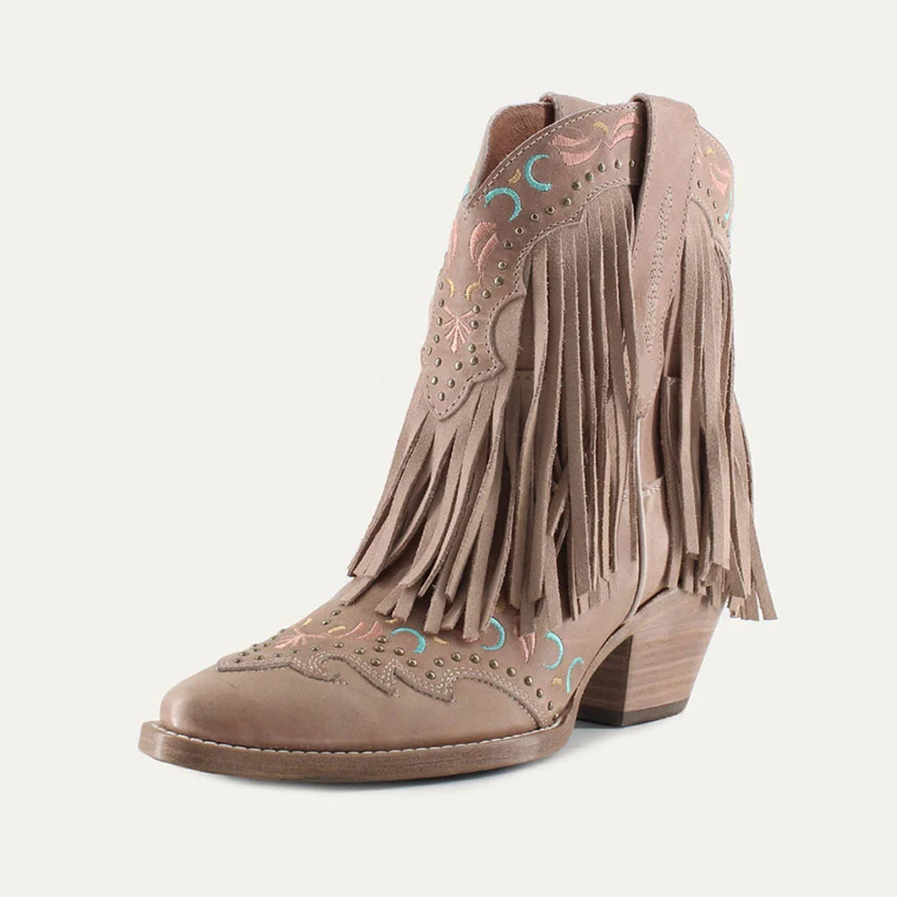 Light Brown Studded Snip Toe Fringe Embroidery Western Boots for Women
