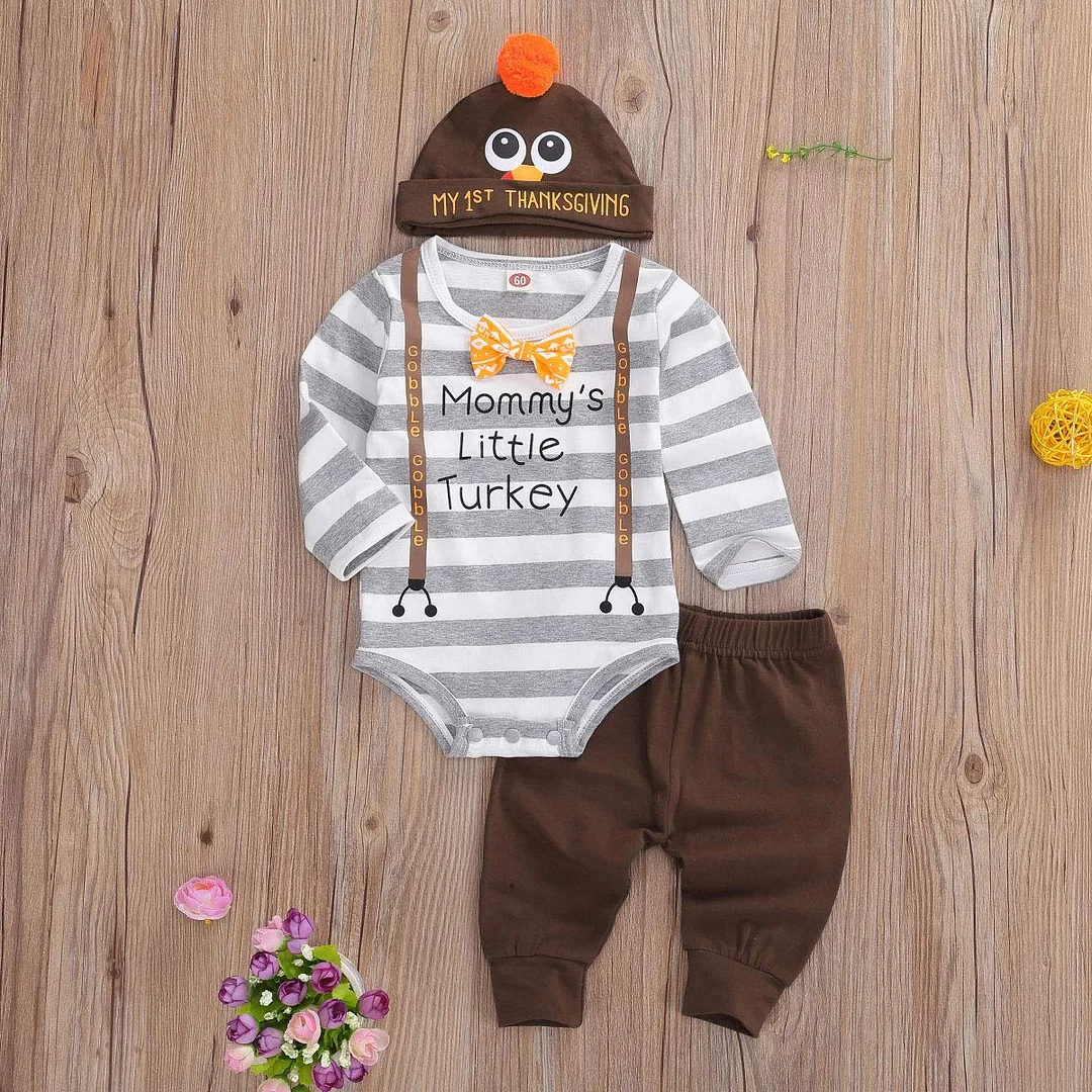 3PCS "Mommy's Little Turkey’" Letter Printed with Pants Baby Set