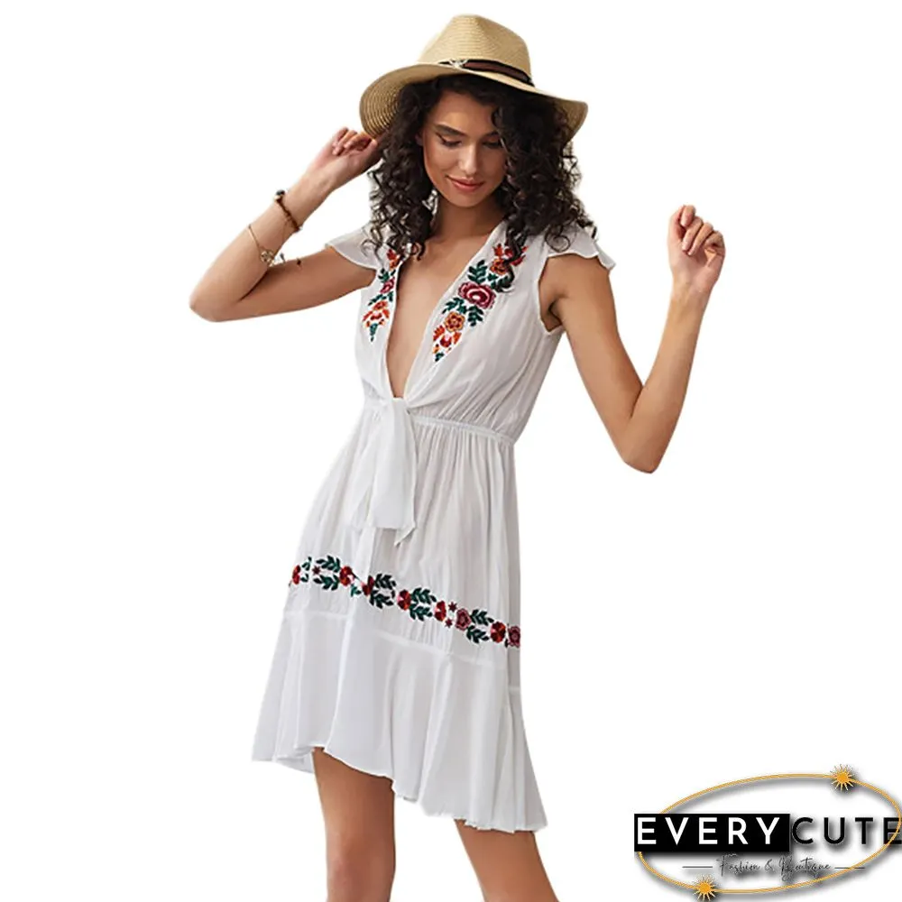 White Embroidery Front Open Short Sleeve Dress