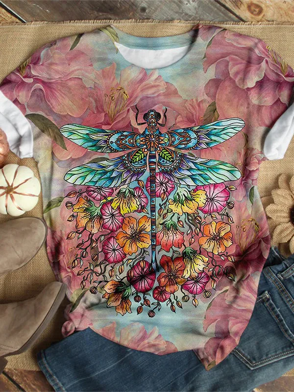 Vintage Dragonfly Flower Print Short Sleeve Top