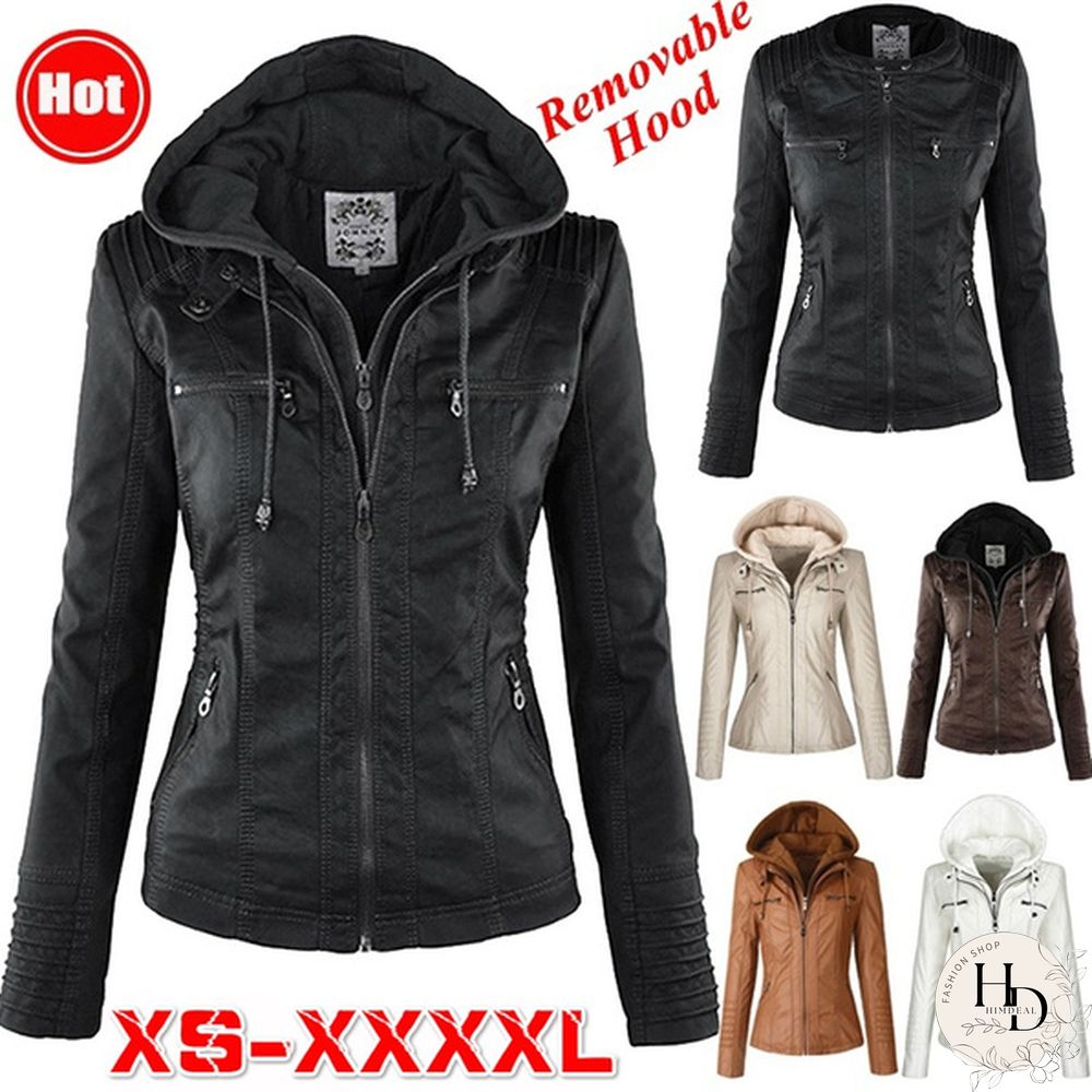 5 Color Women Fashion Long Sleeve Zipper Leather Jackets Removable Hooded Coat Ladies Plus Size Cool Motorcycle Coat Outwear