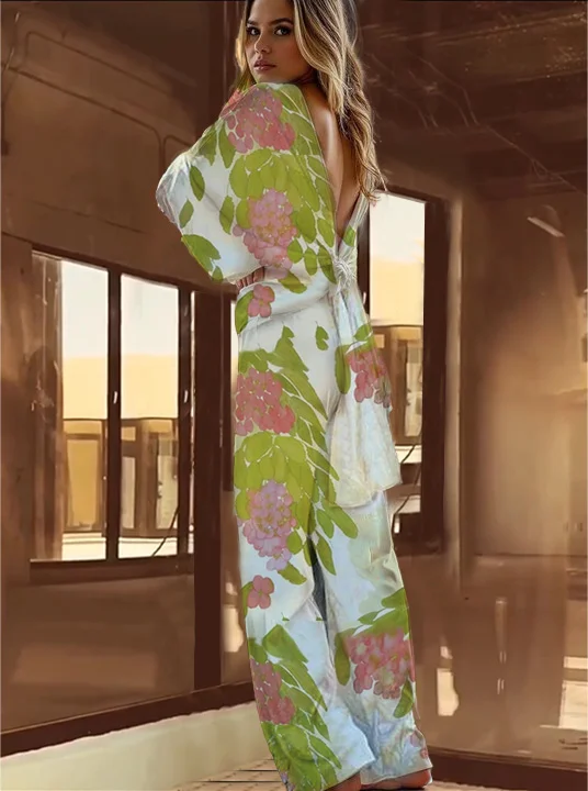 Silk loose floral print Backless shirt & pants two pieces 0218
