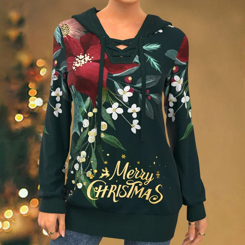 Vintage Floral Merry Christmas Long Sleeve Hoodie