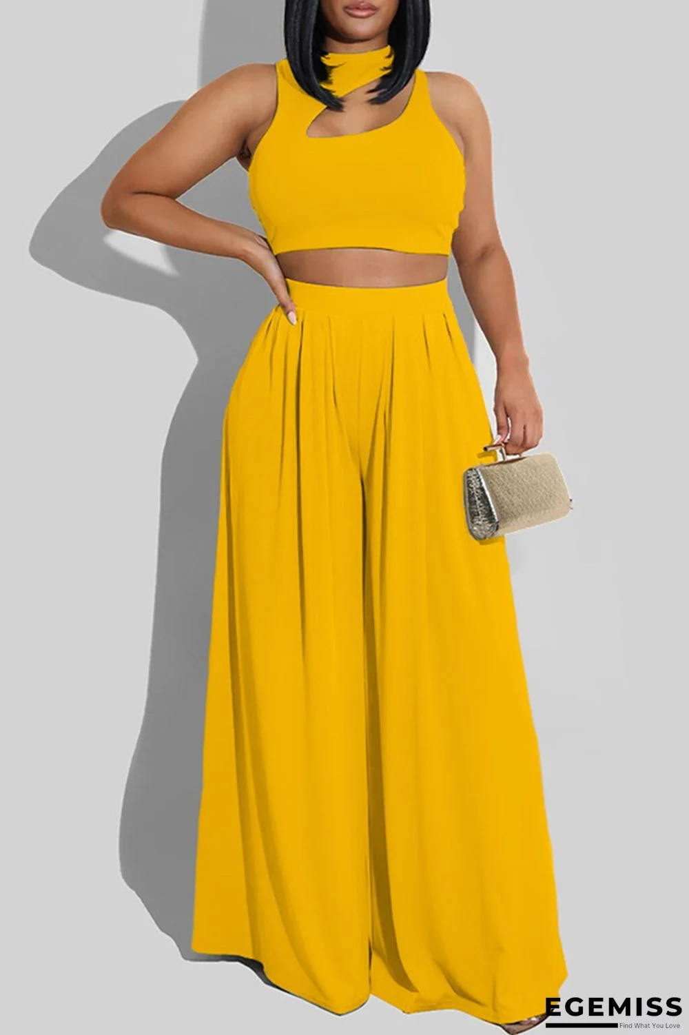 Yellow Fashion Casual Solid Hollowed Out O Neck Sleeveless Two Pieces | EGEMISS