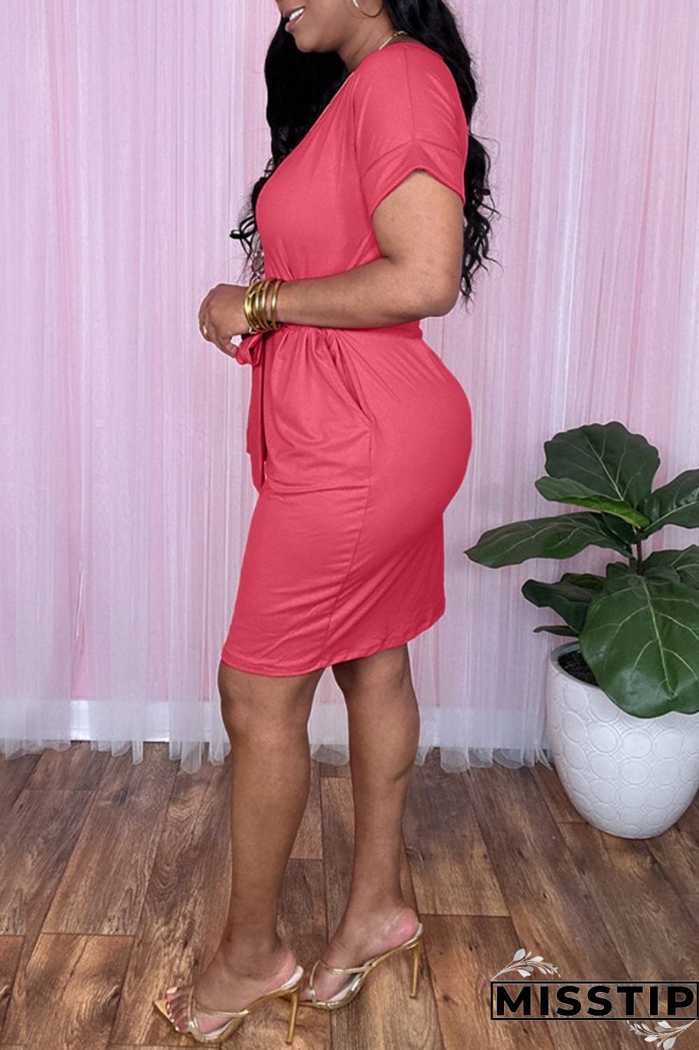 Blue Casual Print Basic O Neck Short Sleeve Dress