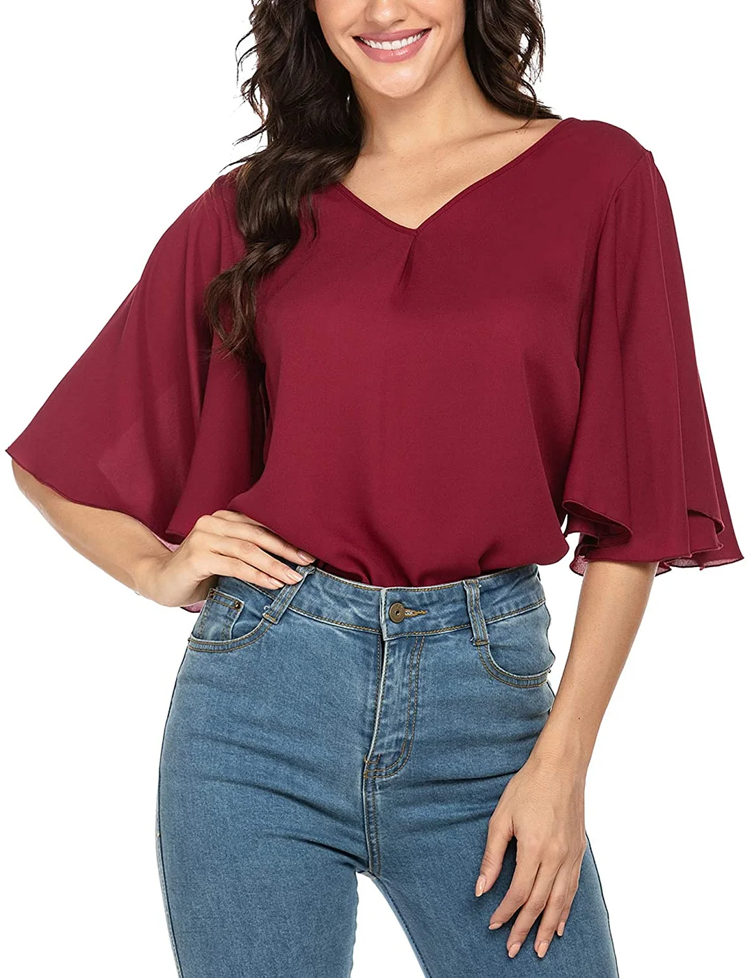 Womens V Neck Flutter Sleeve Elegant Chiffon Blouses Loose Tops Casual Solid Shirts