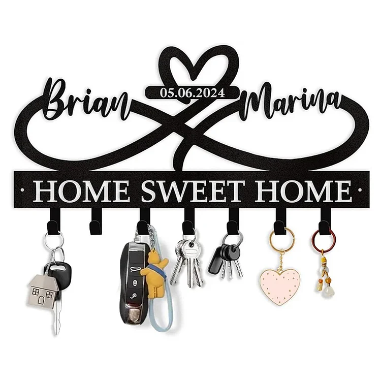 Custom Key Holder for Wall with Couple's Name, Personalized Metal Infinity Heart Key Rack Wall Mount.