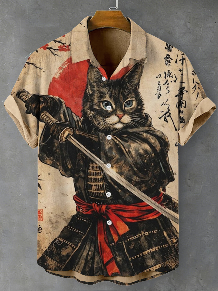 Vintage Japanese Samurai Cat Art Comfy Linen Shirt elevenforest