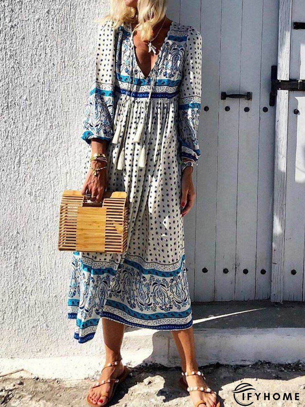 Women Daytime Boho V-Neck Printed Paneled Dress | IFYHOME