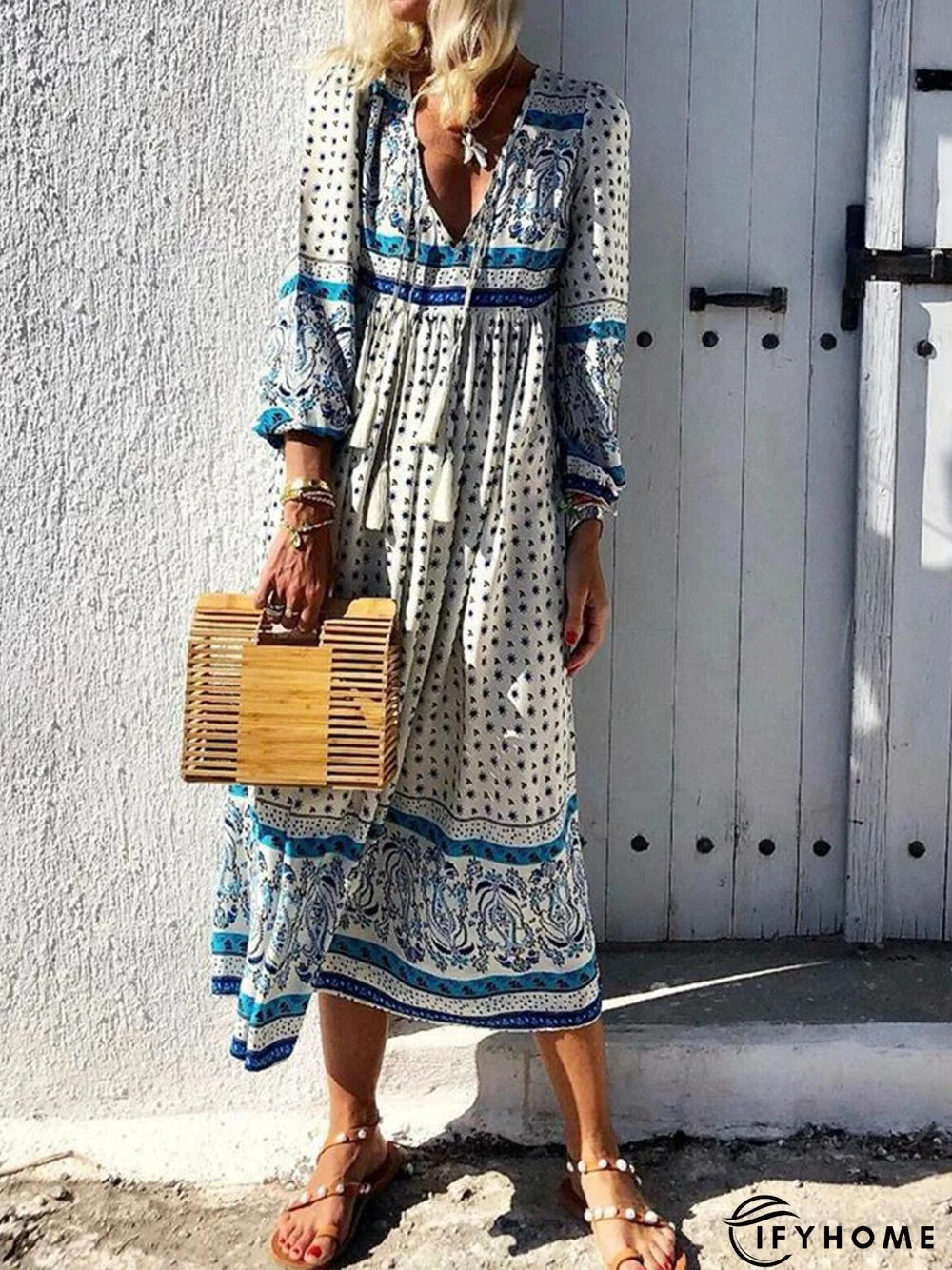 Women Daytime Boho V-Neck Printed Paneled Dress | IFYHOME