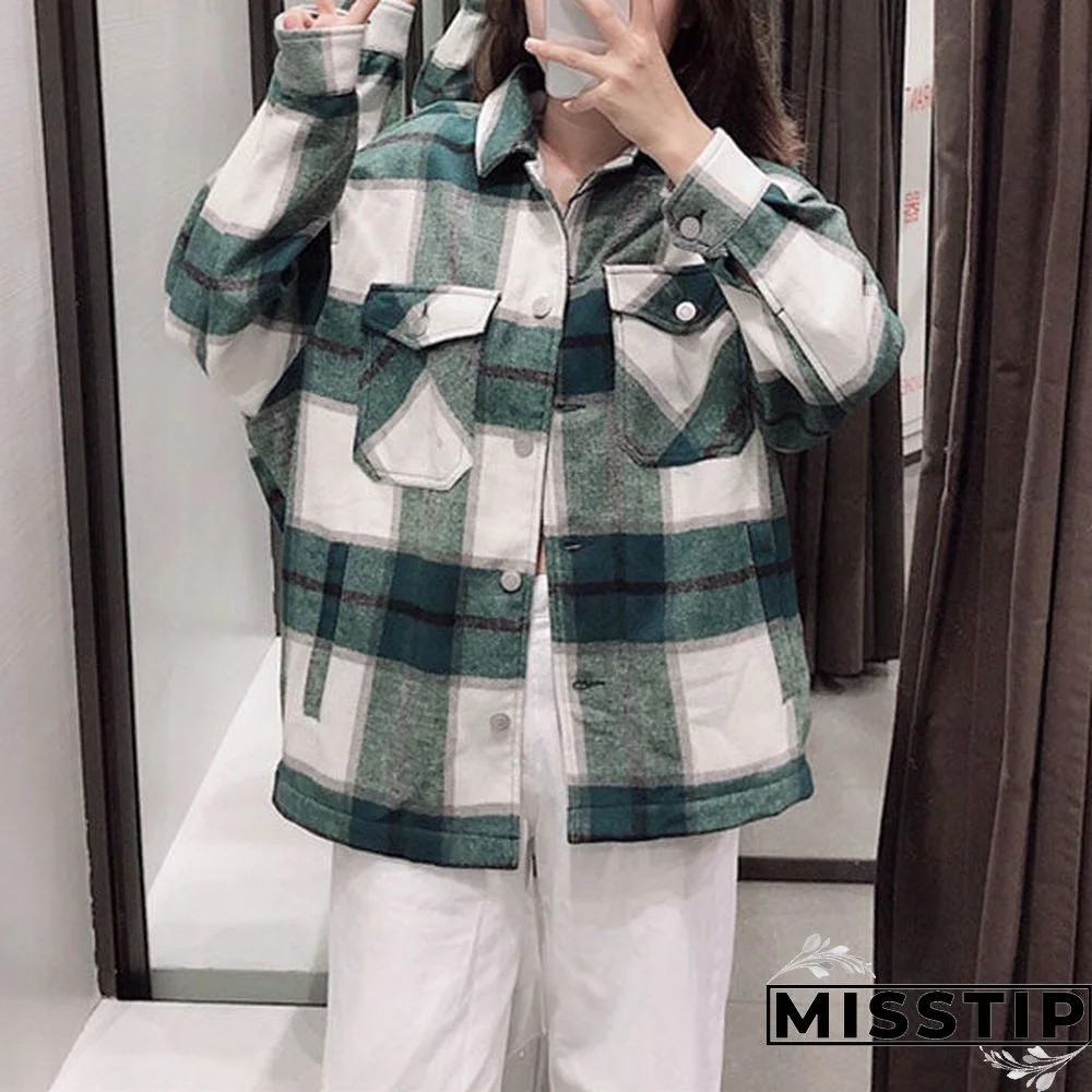 Classic Thick Colorblock Checked Button Down Shirt Jacket Woolen