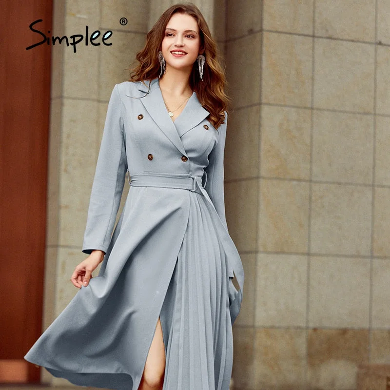 Simplee Vintage pleated belt plaid dress women Elegant office ladies blazer dresses Long sleeve female autumn midi party dress