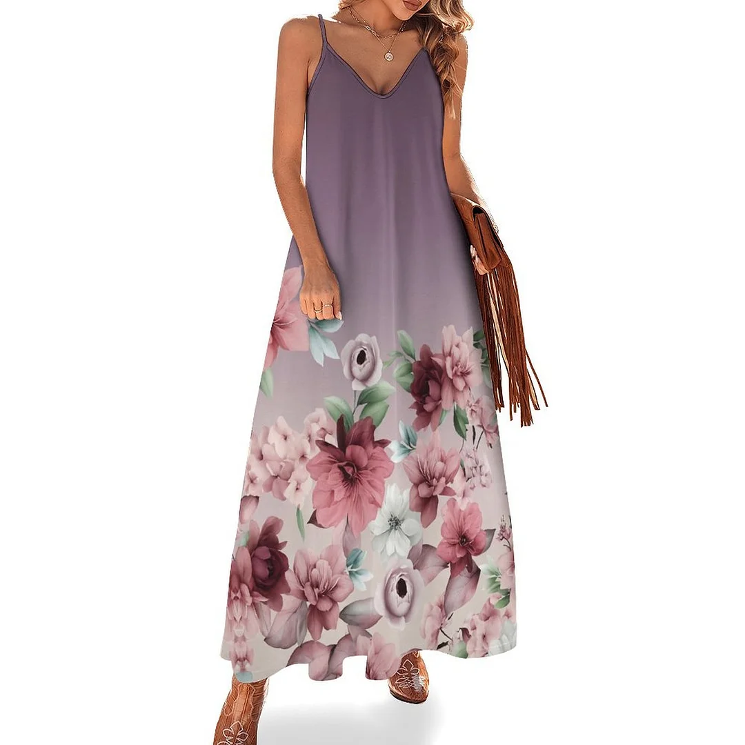 Style & Comfort for Mature Women Plus Size Printed Sling Casual Women Maxi Dress in Pattern Floral, Pink, Red