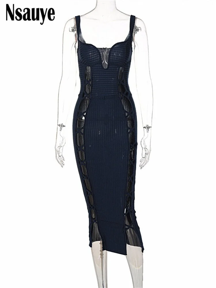 Nsauye 2022 Hollow Out Women Clothing Summer Off Shoulder Strap Bodycon Midi Dress Sexy V Neck Sleeveless Fashion Party Dress