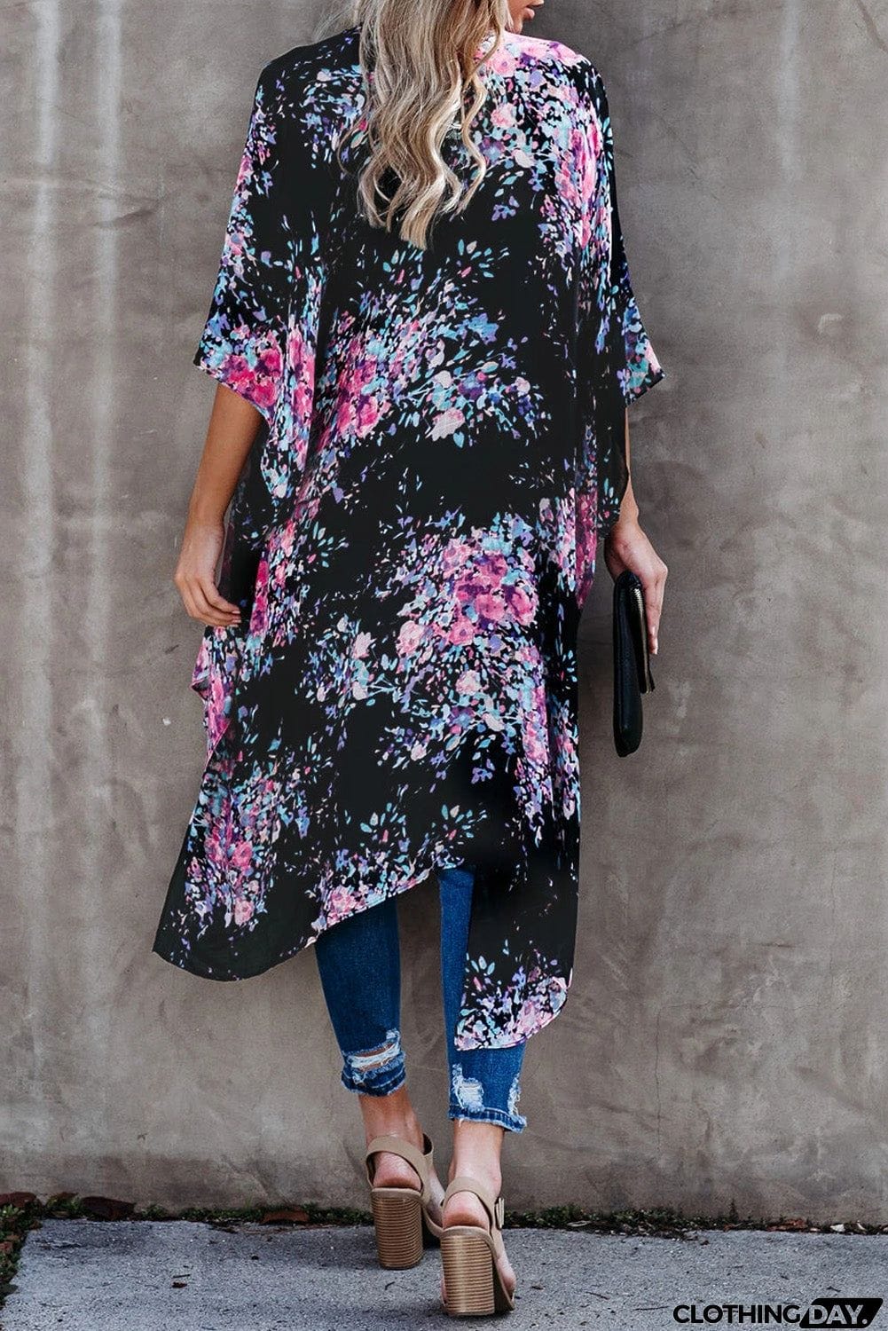 Floral Kimono Sleeves Chiffon Loose Beach Cover Up
