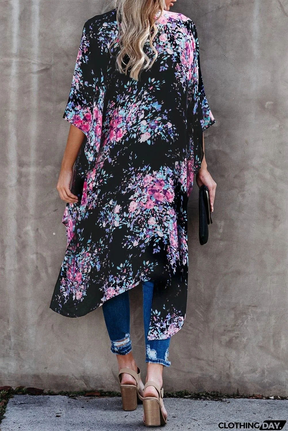 Floral Kimono Sleeves Chiffon Loose Beach Cover Up
