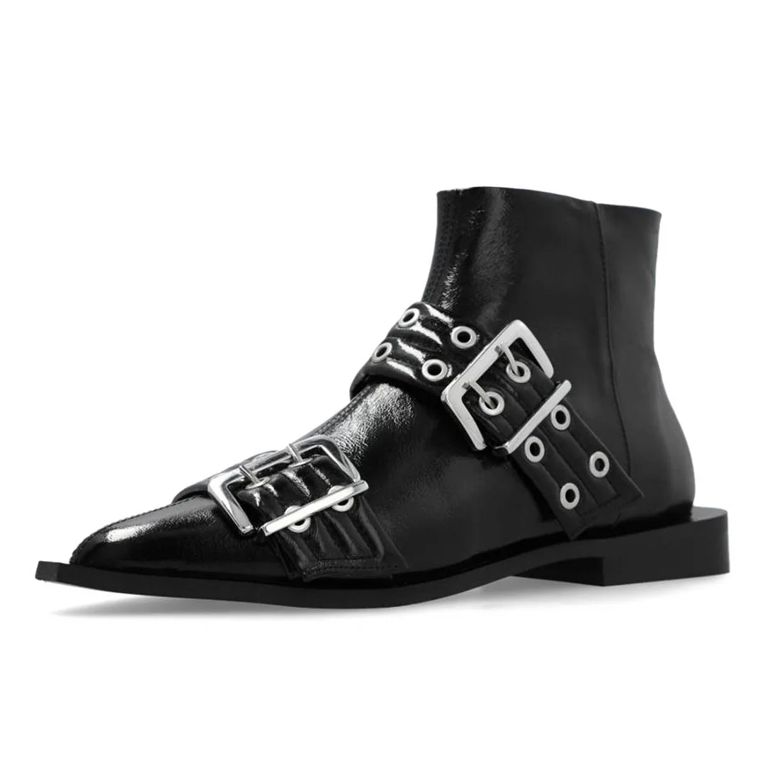 Chic Grommets Strap Pointed Toe Zipper Flat Ankle Boots in Black
