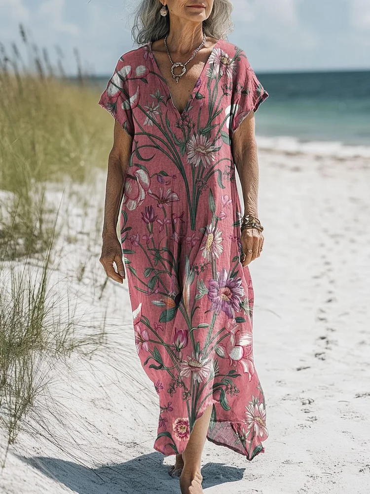 Women's Vintage Flower Art Print Pocket Cotton Dress