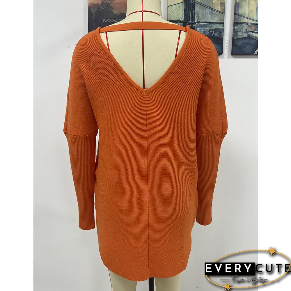 Orange V-neckline High Low Knit Sweater