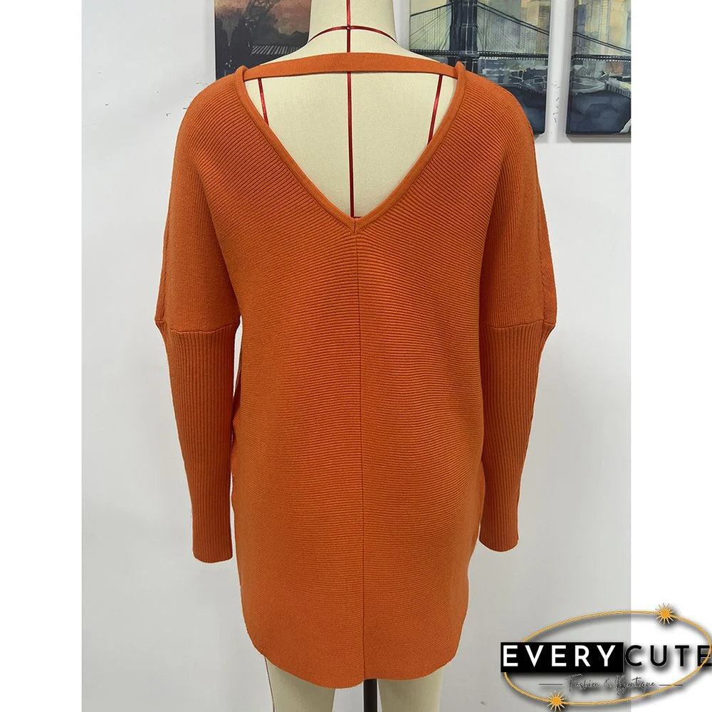 Orange V-neckline High Low Knit Sweater