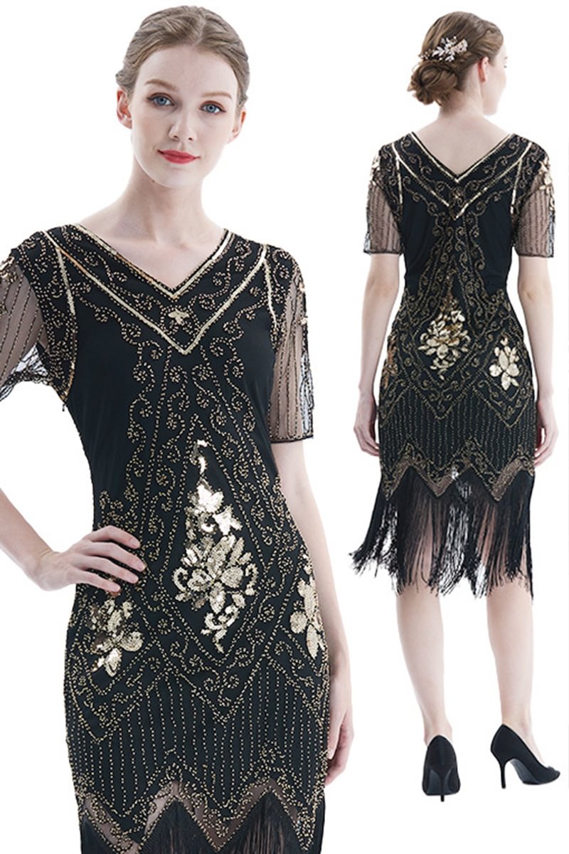 1920s Gold Black Retro Embroidery Sequin Fringe Patchwork Party Midi Dress