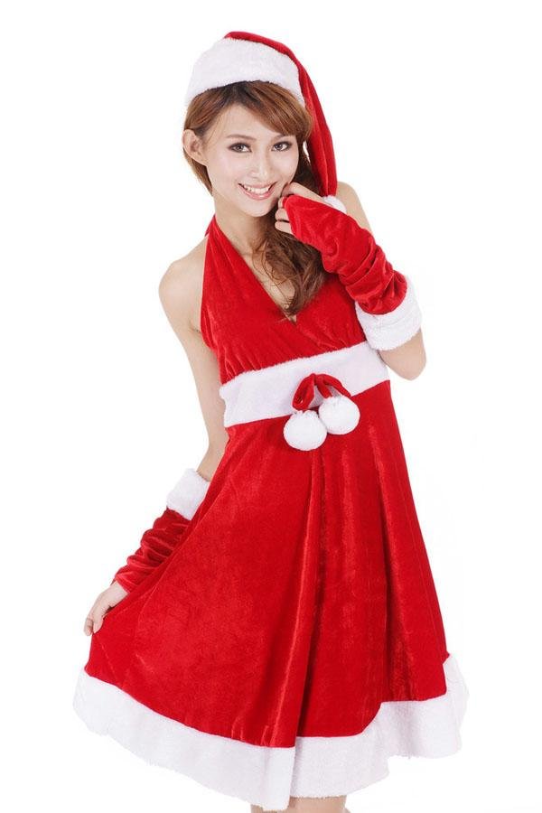 Sexy Red Ball Belt Halter Santa Costume Women-elleschic