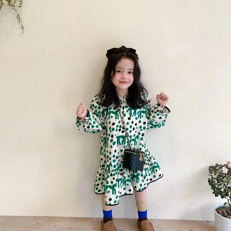 Green Floral Baby Spring Summer Girls Dress Kids Teenagers Children Clothes Outwear Special Occasion Short Sleeve High Quality
