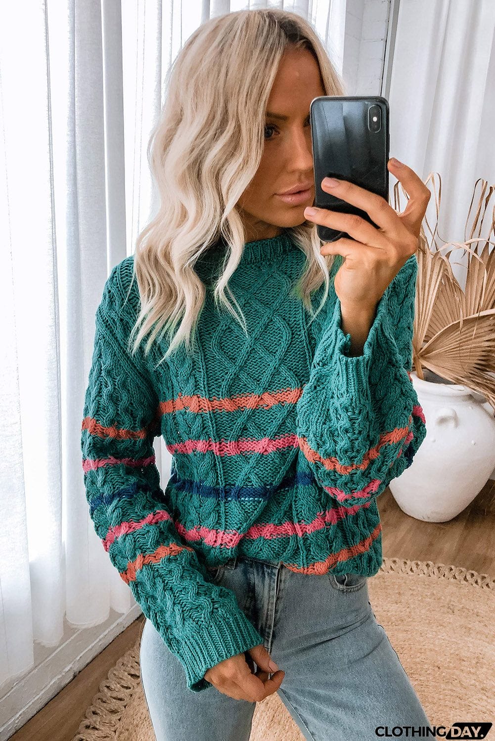 Striped Color Block Textured Knit Pullover Sweater