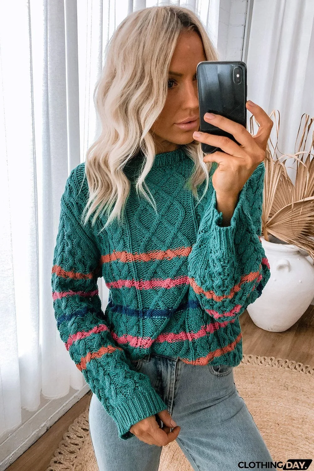 Striped Color Block Textured Knit Pullover Sweater