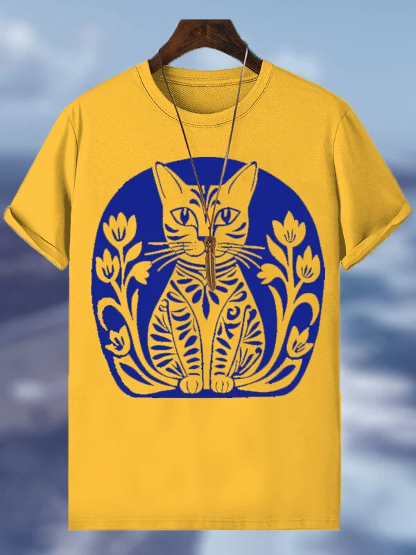 Men's Cute Blue Cat Vacation Print Cotton Casual T-Shirt