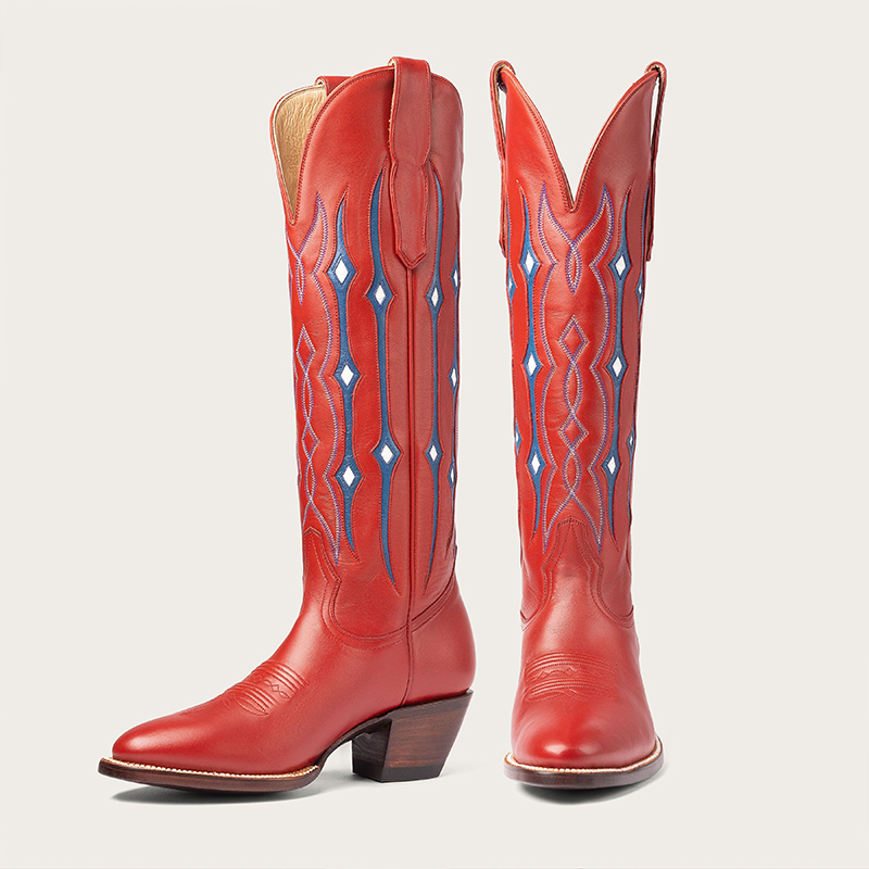 Red Snip Toe Embroidered Knee High Cowboy Boots with Pattern Inlay Nicepairs