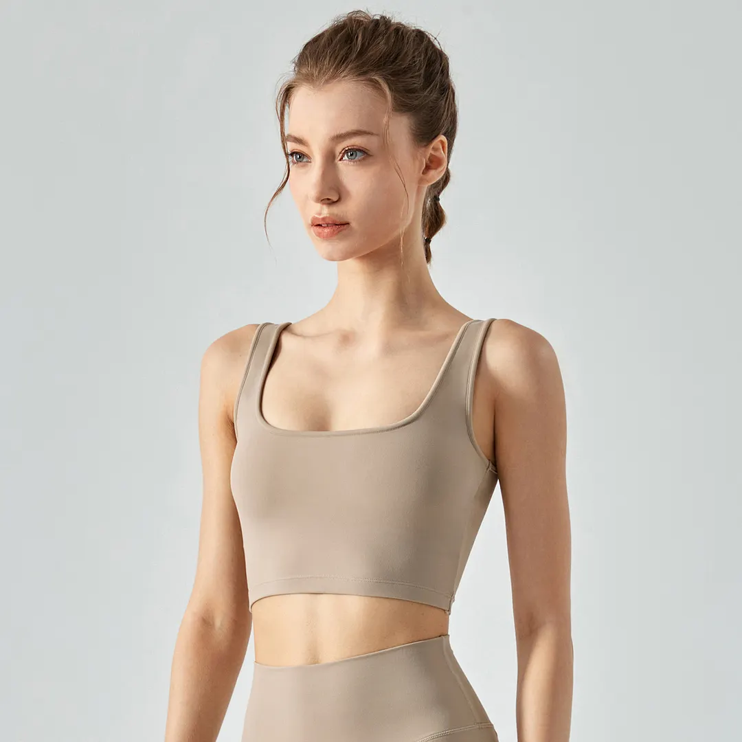 Hergymclothing Khaki square neck u back sustainable outerwear yoga sports bra with removable pads online shopping