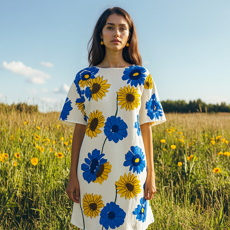 Women's Ukrainian Sunflower Contrasting Short-sleeved Dress