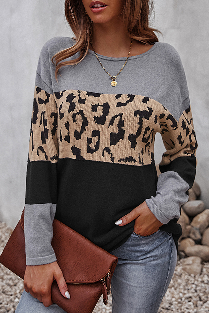 Casual Leopard Split Joint Contrast O Neck Tops(4 Colors)