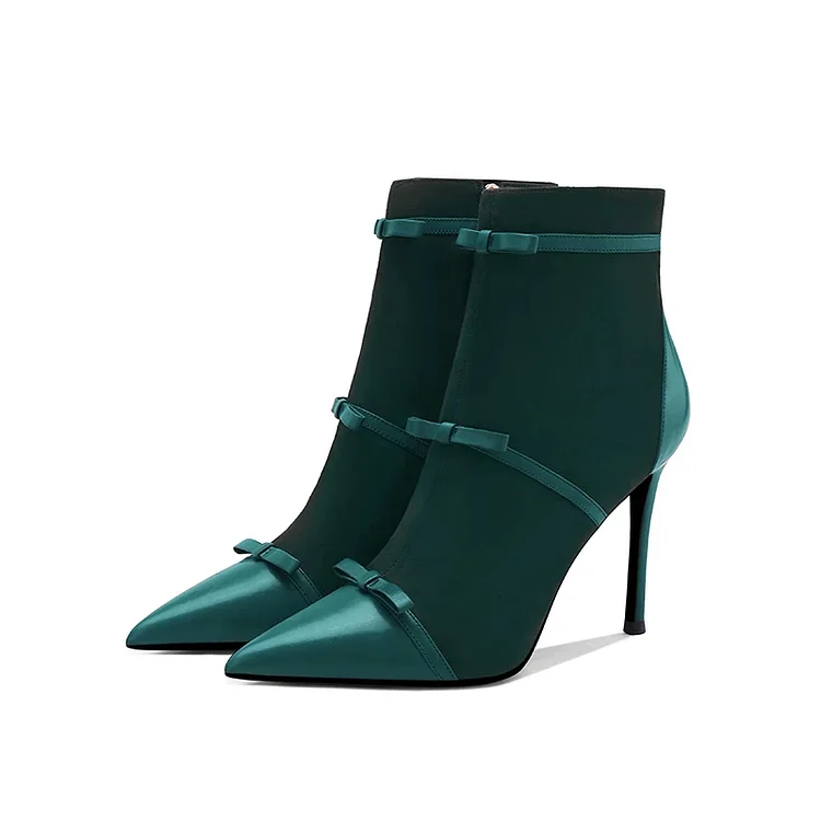 Escarpins hauts à talons aiguilles en satin vert émeraude avec nœuds et sangles Flusfy