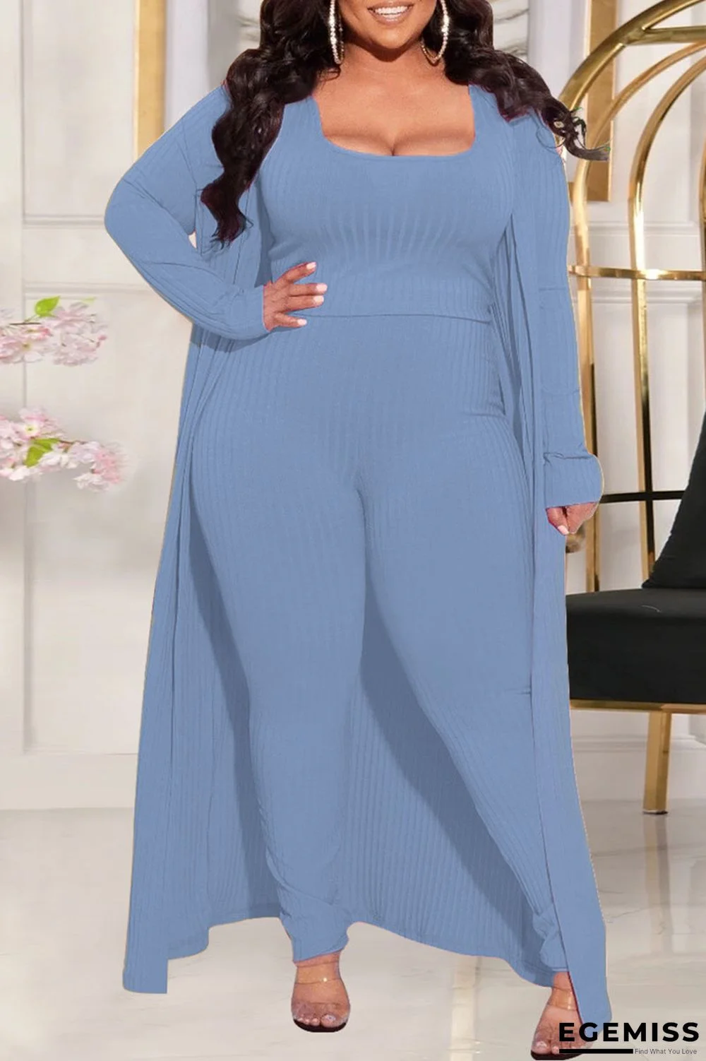 Light Blue Fashion Casual Solid Patchwork Square Collar Plus Size Three Pieces | EGEMISS