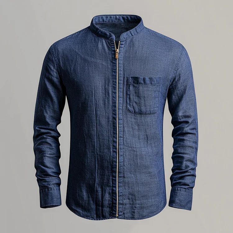 Men's Stand Collar Long Sleeve Chest Pocket Zip Up Shirt