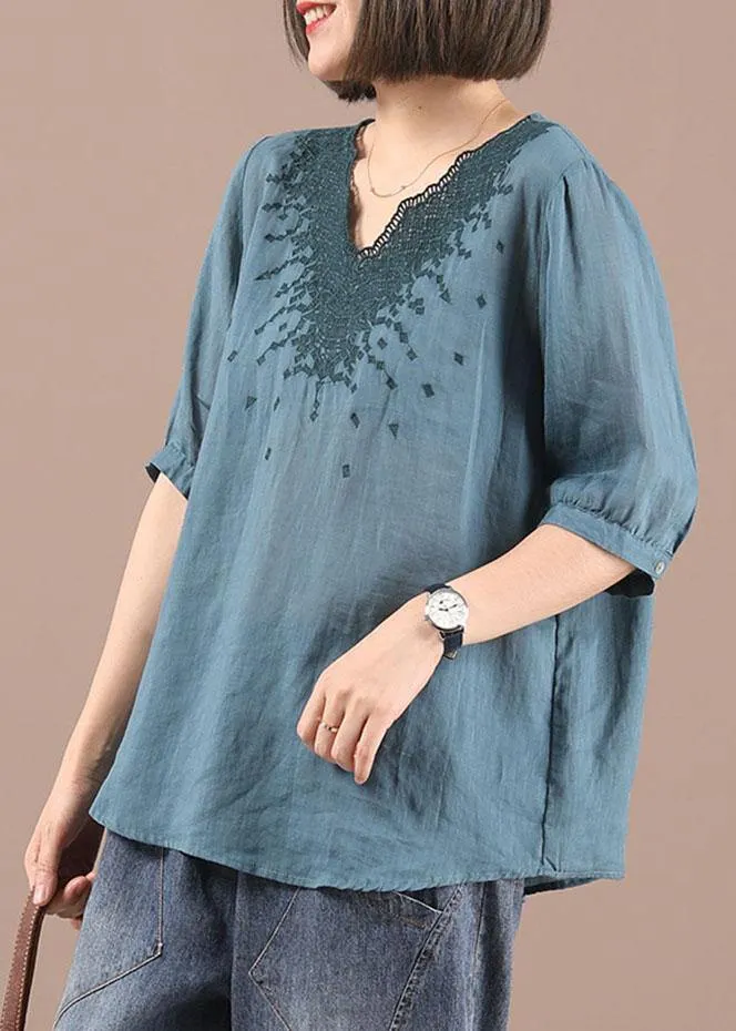 Simple Blue V Neck Embroideried Summer Shirt Top