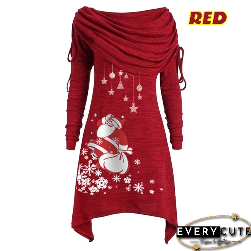 Womens Fashion Christmas Santa Claus Snowflake Print Ruched Foldover Collar Dress Cotton