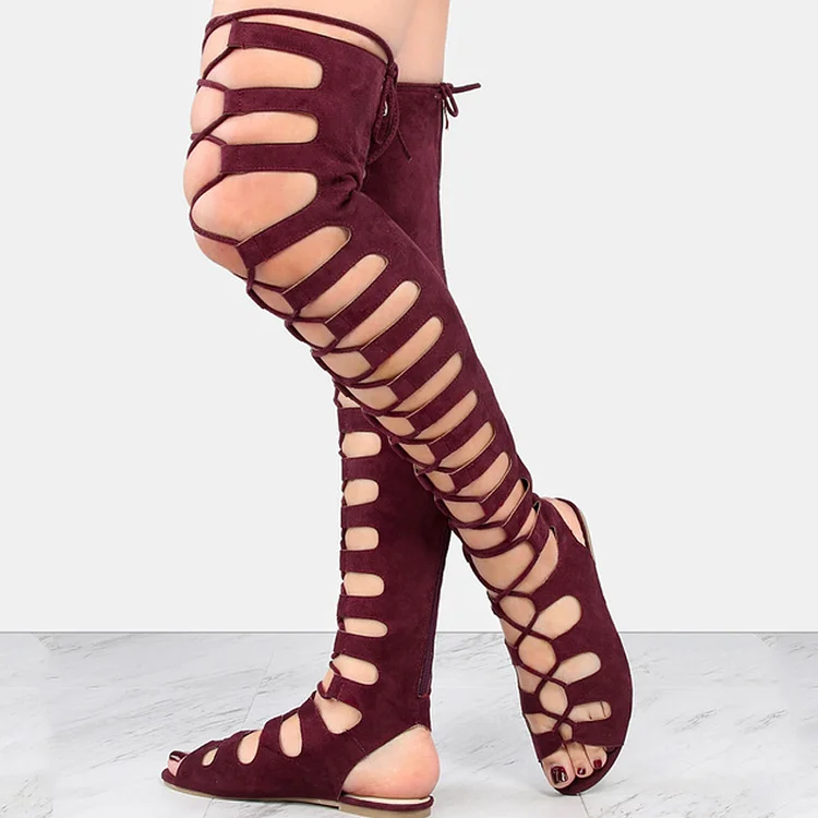 Burgundy Vegan Suede Gladiator Sandals Flat Over the Knee Lace Up Sandals |FSJ Shoes
